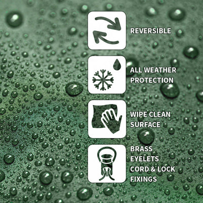 2000 - Rectangular Table Cover - 6 Seat - Green/Black - USPs Reversable, All Weather Protection, Wipe Clean Surface, Brass Eyelets, cord and lock fixings - with water drops