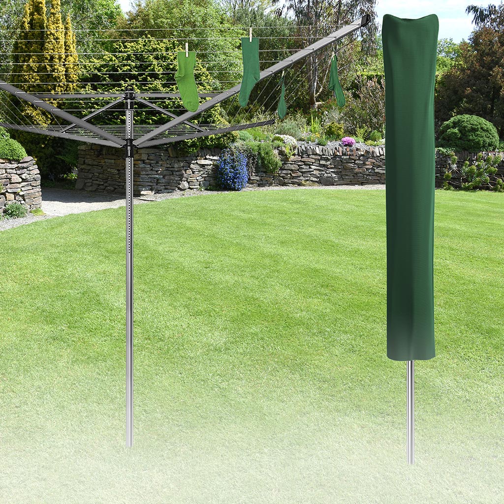 Bosmere | 1.8m Washing Line Cover | Green/Black placed on grass beside a washing line with plants in the background